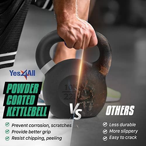 Yes4All Kettlebell, Heavy Duty Powder Coated Cast Iron Kettlebells, Non-Slip Handle & Flat Bottom