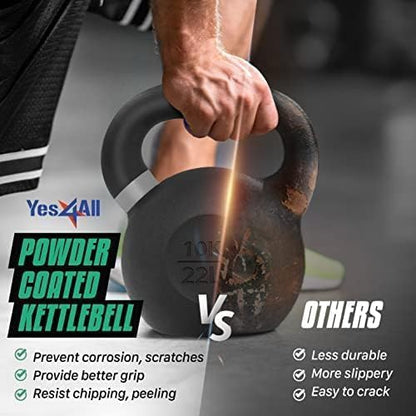 Yes4All Kettlebell, Heavy Duty Powder Coated Cast Iron Kettlebells, Non-Slip Handle & Flat Bottom