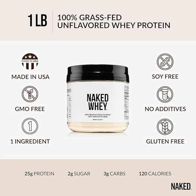 NAKED Whey 1Lb - Only 1 Ingredient, Grass Fed Whey Protein Powder, Undenatured, No Gmos, No Soy