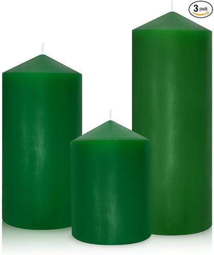 Set of 3 Different Size Green Pillar Candles, Unscented Dripless Large 3x4 3x6 3x8 Inch Long