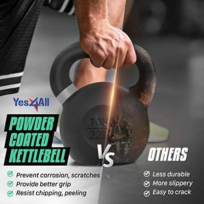 Yes4All Kettlebell, Heavy Duty Powder Coated Cast Iron Kettlebells, Non-Slip Handle & Flat Bottom