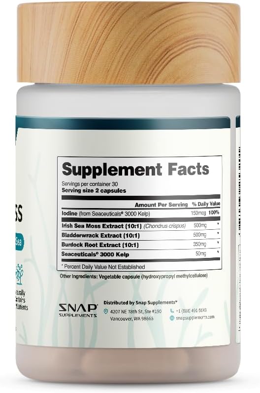 Snap Supplements Irish Sea Moss Capsules with Bladderwrack, Burdock Root & Iodine ??Supports
