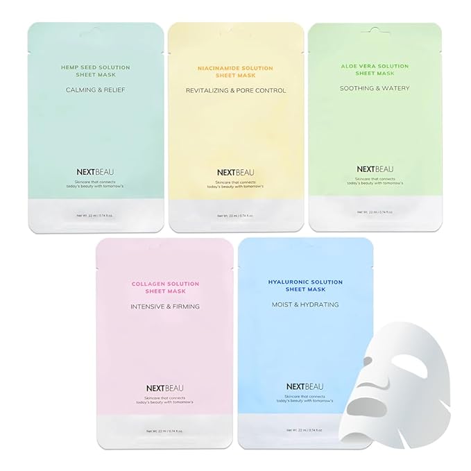 [PACK OF 20 Solution Sheet Mask Pack 5types x 4pc Aloe, Niacinamide, Collagen, Hemp seed