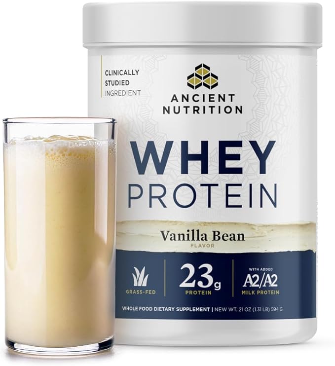 Ancient Nutrition Grass Fed Whey Protein, Vanilla Bean, 23g Protein, 20 Servings, Hydrolyzed