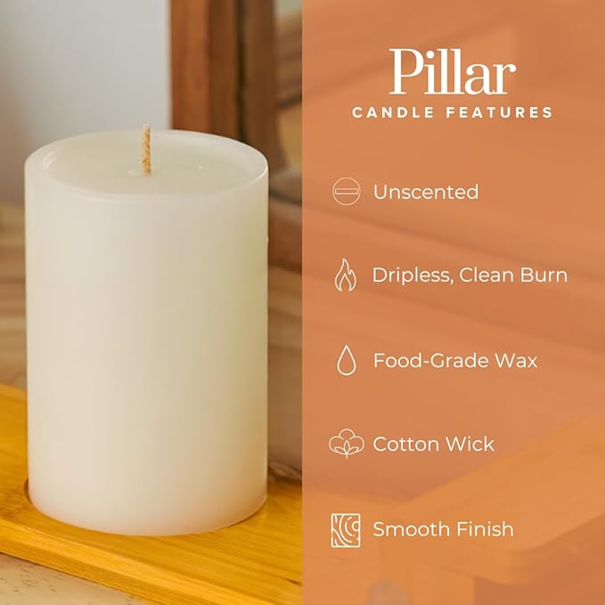Simply Soson 3x4 inch Ivory Pillar Candles Set of 6, Smooth Texture, Unscented Ivory Candles