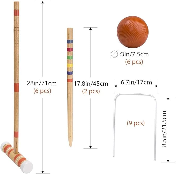 ropoda Six-Player Croquet Set with Wooden Mallets, Colored Balls, Sturdy Carrying Bag for Adults