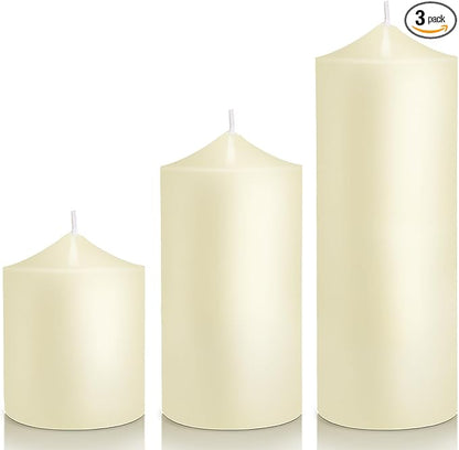Pillar Candles 3 x 4, 6, and 8 inches, Large Handmade Candles Set of 3, Ivory Decorative Candles