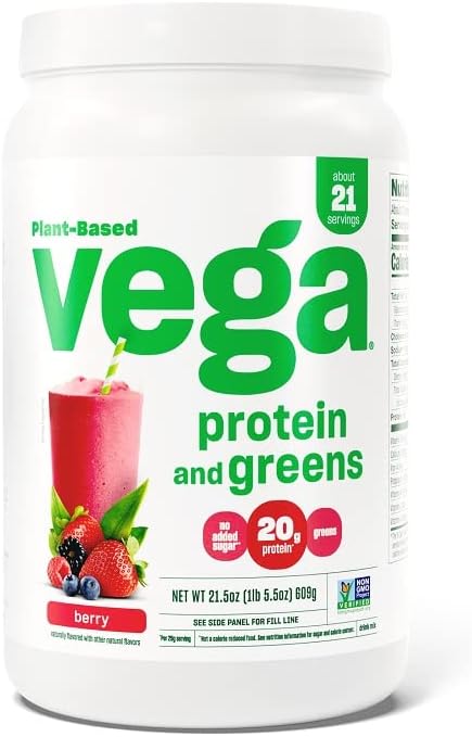 Vega Protein and Greens Protein Powder, Berry - 20g Plant Based Protein Plus Veggies, Vegan, Non