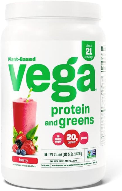 Vega Protein and Greens Protein Powder, Berry - 20g Plant Based Protein Plus Veggies, Vegan, Non