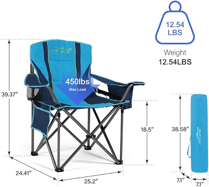 FAIR WIND Oversized Fully Padded Camping Chair with Lumbar Support, Heavy Duty Cooler Bag Fold
