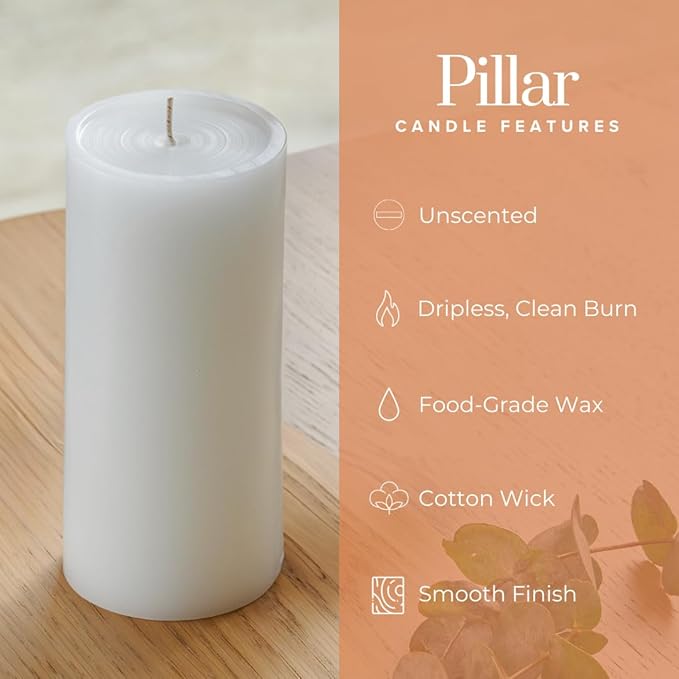 Simply Soson 3x6 inch White Pillar Candles Set of 6, Smooth Texture, Unscented White Candles