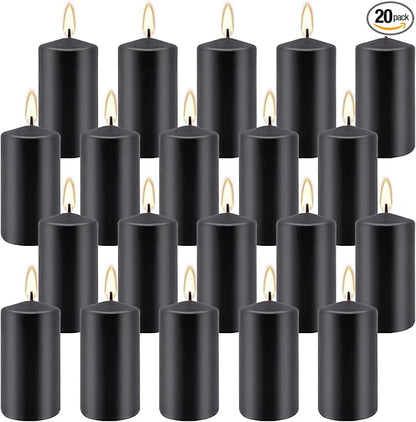 2"x4" High Black Pillar Candles, Set of 20 Unscented. Bulk Buy. Ideal for Halloween, Wedding