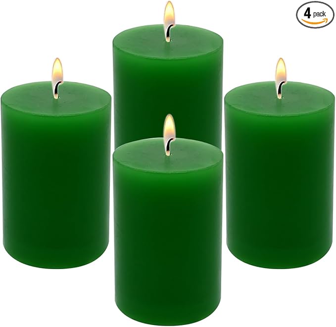 4 Packs 2x3 Inch Green Pillar Candles Small 24 Hours Unscented Dripless Cylinder Colored Candles