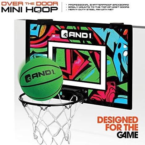 AND1 Over the Door Mini Basketball Hoop: 18x12 Shatterproof Backboard, 2 Mini Basketballs, and Hand