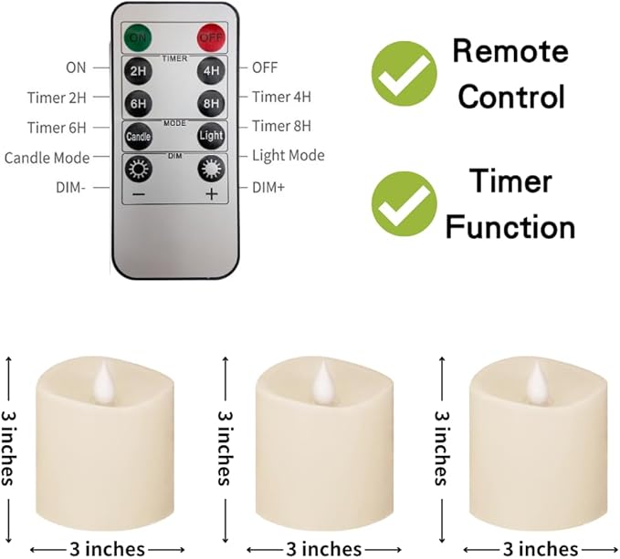 3x3 Flickering Flameless Candles Set of 3,3 inch Real Wax LED 600 Hours Battery Candles with Timer