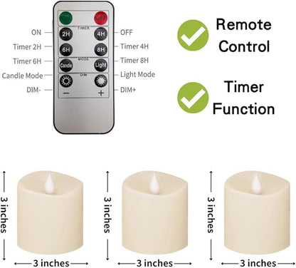 3x3 Flickering Flameless Candles Set of 3,3 inch Real Wax LED 600 Hours Battery Candles with Timer