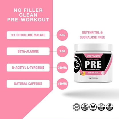 Honey Badger Pre Workout Powder, Keto Vegan Preworkout for Men & Women, Beta Alanine & Caffeine