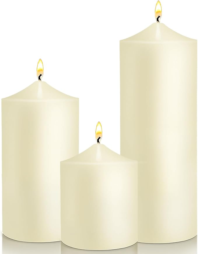 Pillar Candles 3 x 4, 6, and 8 inches, Large Handmade Candles Set of 3, Ivory Decorative Candles