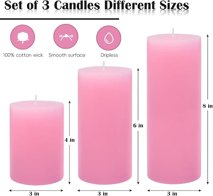3 Packs Different Size 3x4, 3x6, 3x8 Inch Pink Pillar Candles, Unscented Non-Toxic Dripless