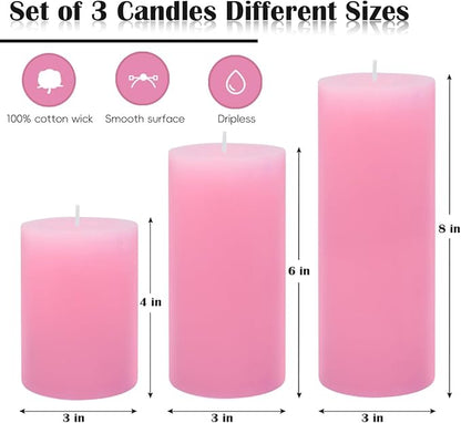 3 Packs Different Size 3x4, 3x6, 3x8 Inch Pink Pillar Candles, Unscented Non-Toxic Dripless