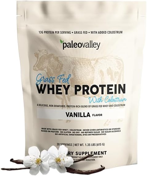 Paleovalley 100% Grassfed Whey Protein Powder with Colostrum, 13g Protein, Vanilla, Muscle