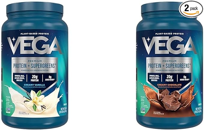 Vega Protein & Greens Bundle, Chocolate + Vanilla (25 Servings Each) - Plant Based Protein Powder
