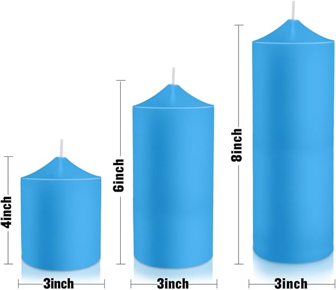 Pillar Candles 3 x 4, 6, and 8 inches, Large Handmade Candles Set of 3, Blue Decorative Candles for
