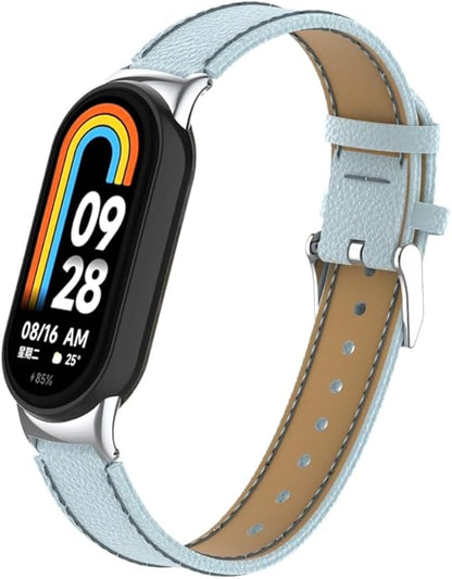HOPMC Mi Band 8 Fashion Metal Connector Lychee Grain Leather Strap Replacement Wristbands Strap