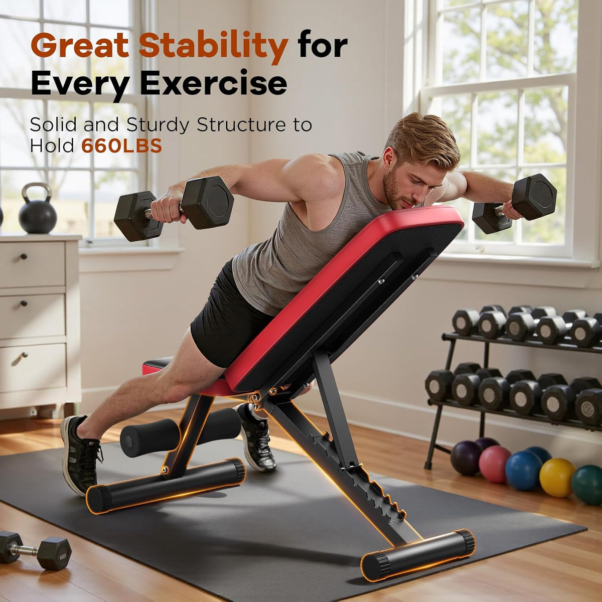 Adjustable Weight Bench for Home Gym, 660LB Capacity Foldable Workout Bench with 8 Backrest