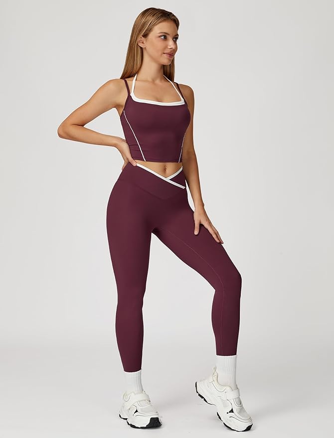 ABOCIW Workout Sets for Women 2 Piece Color Block Strappy Sports Bra High Waist Leggings Gym Yoga