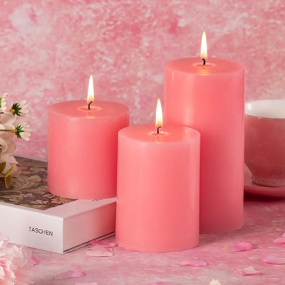 KONNI Pink Pillar Candles Set of 3, 3"x 6" Unscented Pillar Candles Bulk, 56 Hours Long Burning