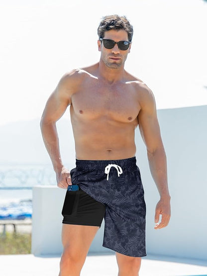 Goodstoworld Mens Swim Trunks with Compression Liner 9'' Inseam Quick Dry Swimsuit Shorts M-3XL