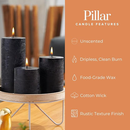 Simply Soson 3x4 inch Black Pillar Candles Set of 3, Rustic Texture, Unscented Black Candles