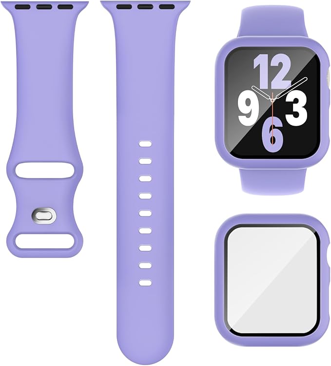 Compatible for Apple Watch Band 44mm 45mm and Case with Screen Protector, Soft Silicone Sport Strap