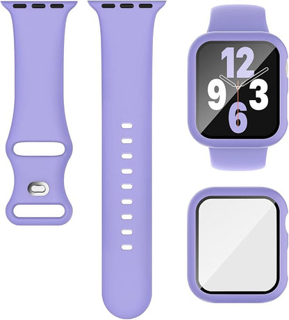 Compatible for Apple Watch Band 44mm 45mm and Case with Screen Protector, Soft Silicone Sport Strap