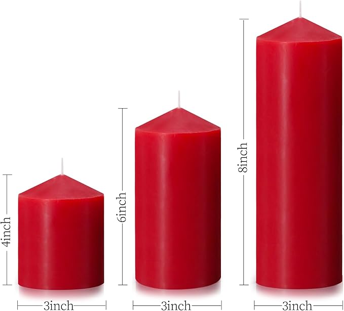 Pillar Candles 3 x 4, 6, and 8 inches, Large Handmade Candles Set of 3, Red Decorative Candles for