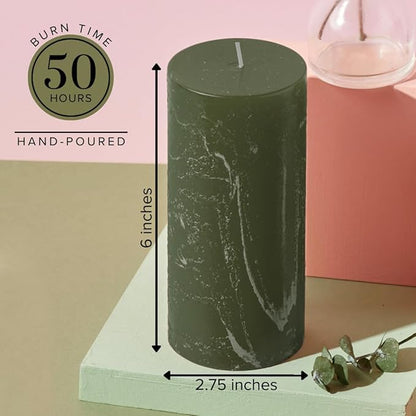 Simply Soson 3x6 inch Dark Moss Green Rustic Oakmoss Pillar Scented Candle - 3 Pack - for Home