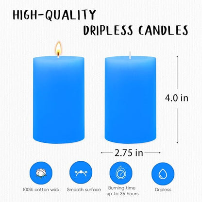 6 Packs Unscented 2.75x4 Inch Light Blue Pillar Candles, Non-Toxic Dripless Cylinder Wax Colored
