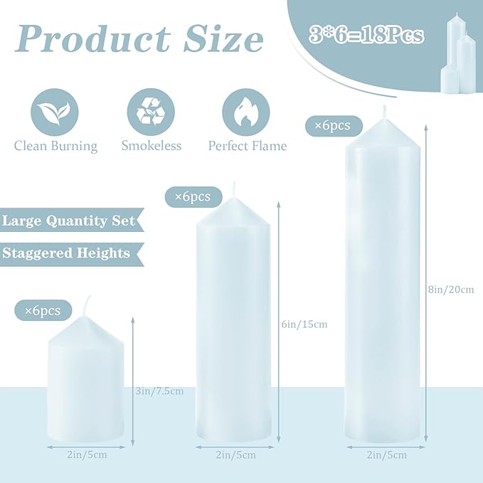 18 Pcs Blue Pillar Candles Bulk Set，Hurricane Candlesï¼? Different Lengths (6 Each)，Dripless