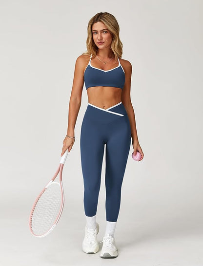 ABOCIW Workout Sets for Women 2 Piece Color Block Strappy Sports Bra High Waist Leggings Gym Yoga