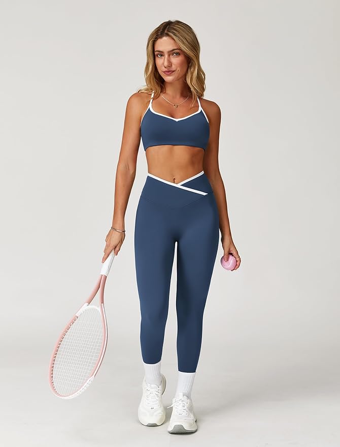 ABOCIW Workout Sets for Women 2 Piece Color Block Strappy Sports Bra High Waist Leggings Gym Yoga