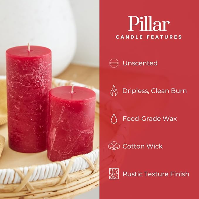 Simply Soson 3x6 inch Red Pillar Candles Set of 3, Rustic Texture, Unscented Red Candles, Dripless