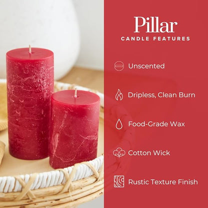 Simply Soson 3x6 inch Red Pillar Candles Set of 3, Rustic Texture, Unscented Red Candles, Dripless