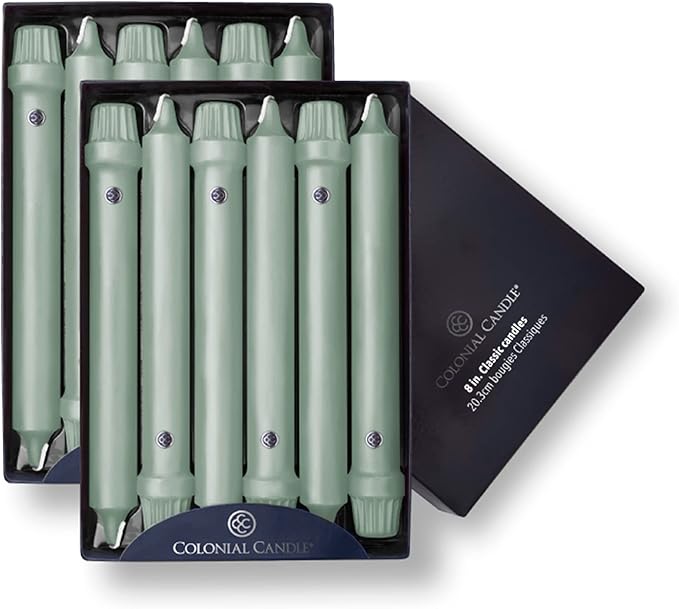 Colonial Candle Unscented Taper Candle, Classic Collection, Colonial Classic Green, 8 in, Pack of