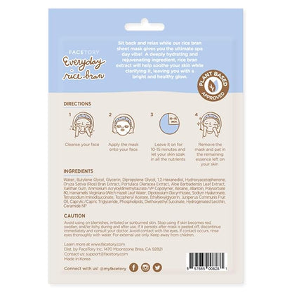 FACETORY K Beauty Face Mask Skin Care - Everyday RICE BRAN Soothing Sheet Mask | Plant-Based Rice