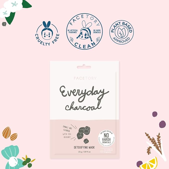 FACETORY K Beauty Face Mask Skin Care - Everyday CHARCOAL Detoxifying Sheet Mask | Plant-Based