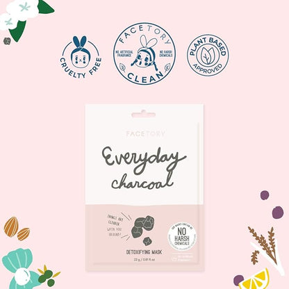 FACETORY K Beauty Face Mask Skin Care - Everyday CHARCOAL Detoxifying Sheet Mask | Plant-Based