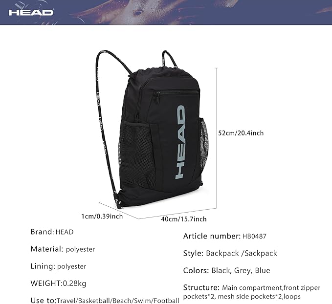 HEAD Waterproof Gym Sackpack for Sport with 2 Zipper Pockets, Large Drawstring Backpacks for Men