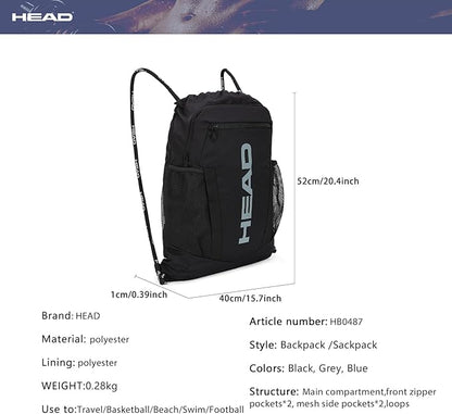 HEAD Waterproof Gym Sackpack for Sport with 2 Zipper Pockets, Large Drawstring Backpacks for Men