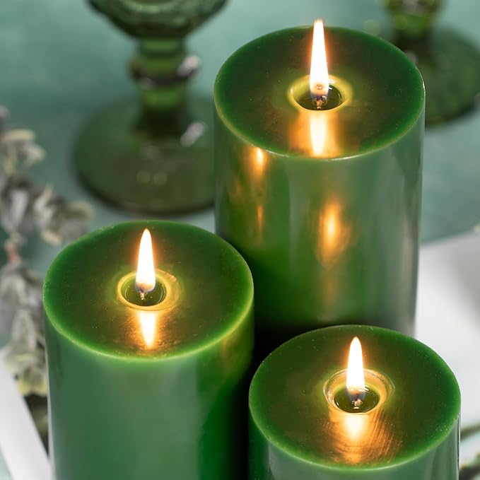 KONNI Navy Green Pillar Candles Set of 3, 3"x 6" Unscented Pillar Candles Bulk, 56 Hours Long